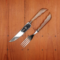 New Vintage Lewis, Rose and Co. Set of 5 Knives & Forks Stainless & Butterscotch Celluloid Sheffield 1930s-50s