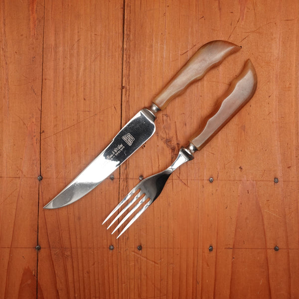 New Vintage Lewis, Rose and Co. Set of 5 Knives & Forks Stainless & Butterscotch Celluloid Sheffield 1930s-50s