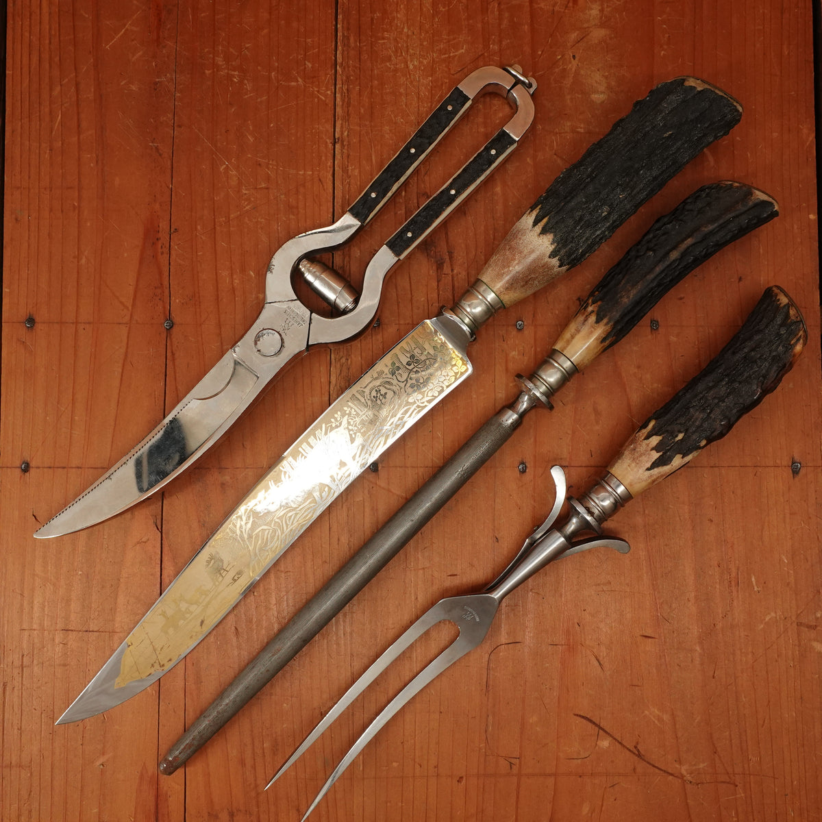 J A Henckels Friodur Stainless 4pc Carving Set Gold Wash Nickel Stag Solingen 1950s