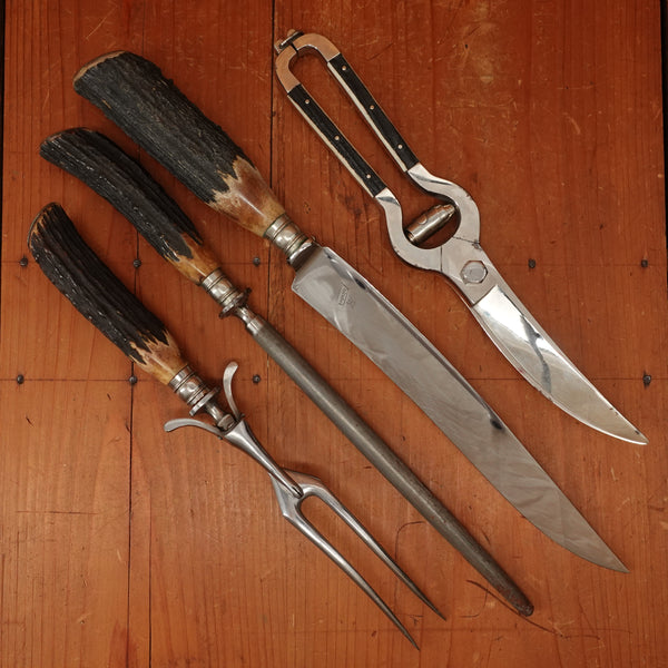 J A Henckels Friodur Stainless 4pc Carving Set Gold Wash Nickel Stag Solingen 1950s
