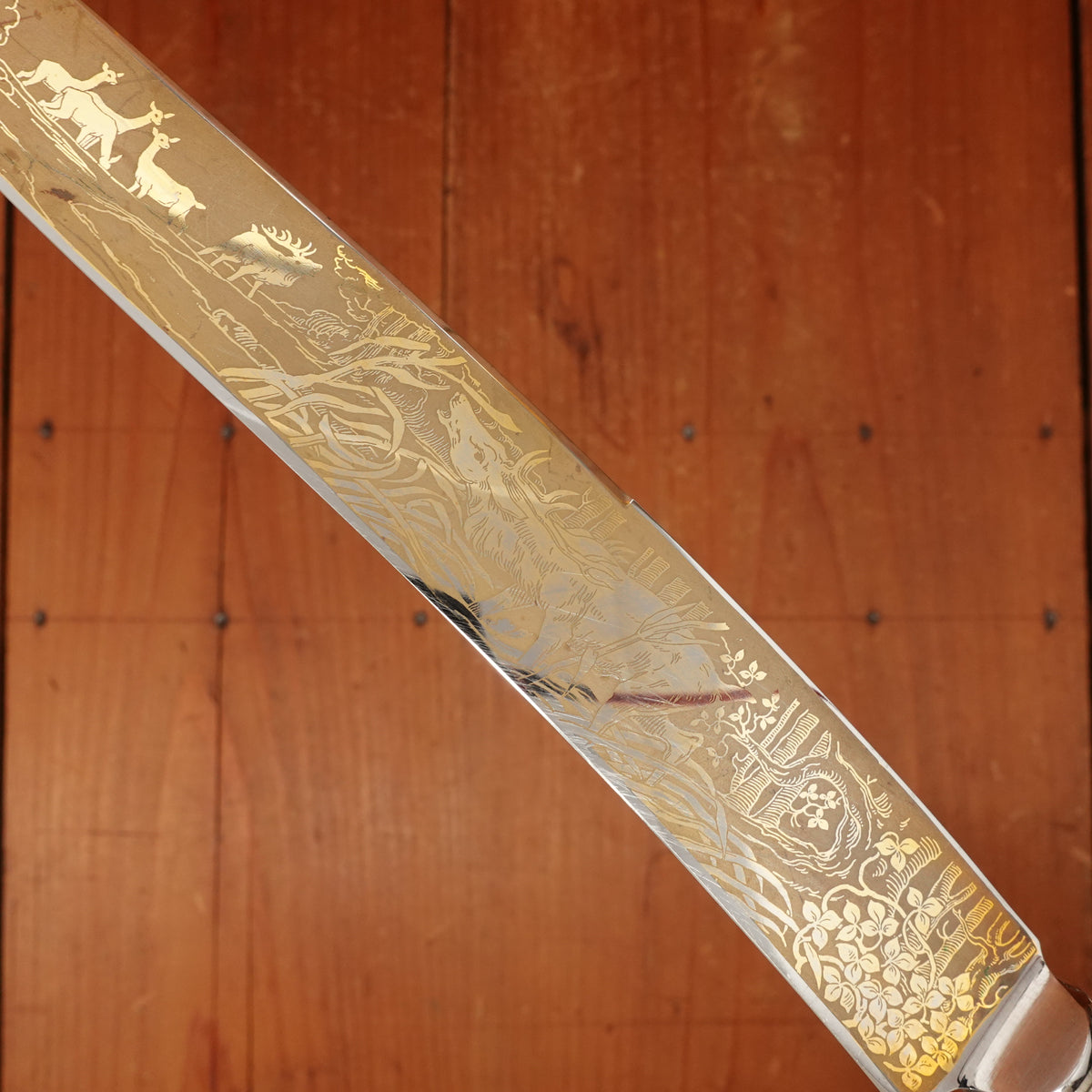 J A Henckels Friodur Stainless 4pc Carving Set Gold Wash Nickel Stag Solingen 1950s