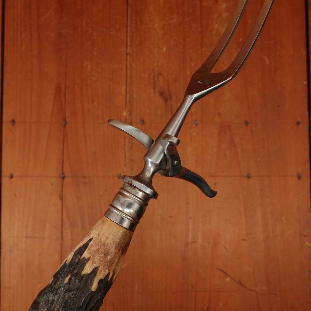 J A Henckels Friodur Stainless 4pc Carving Set Gold Wash Nickel Stag Solingen 1950s