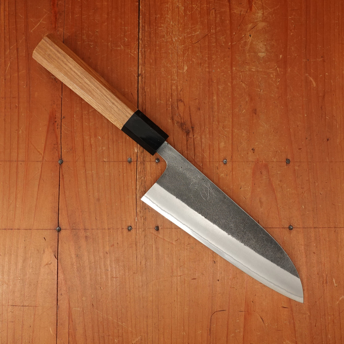 Yoshikane Hamono 165mm Santoku Shirogami 2 Kurouchi Nashiji Teak Handle