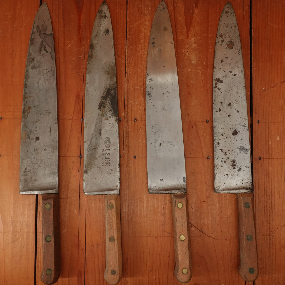 Assorted Clyde or Ontario 12" Heavy Chef Knife Carbon Steel Rosewood USA 1950s or 60s