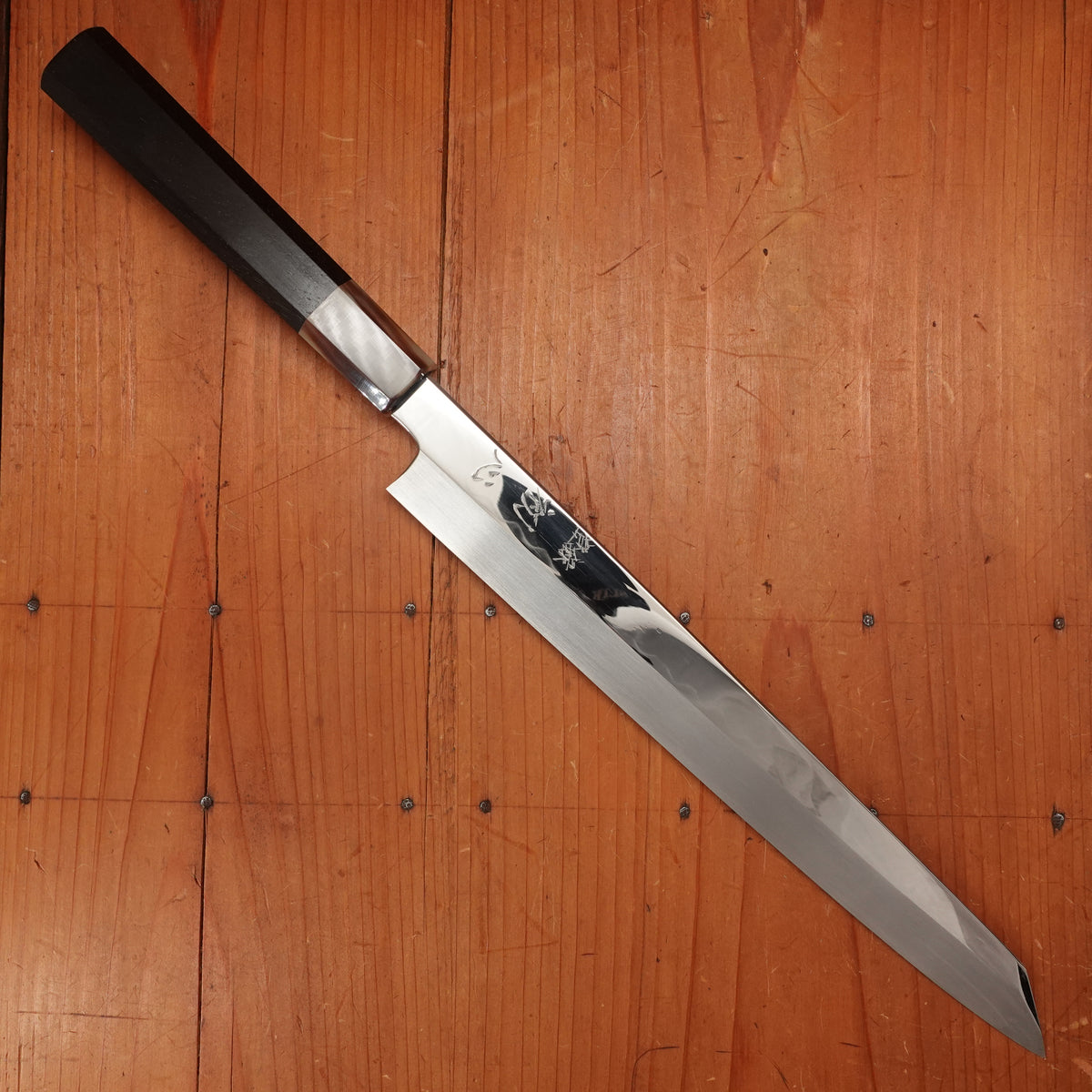 Hatsukokuro Nakagawa 270mm Kiritsuke Yanagi Shirogami 3 Abura Honyaki Ebony Blonde Buffalo Horn