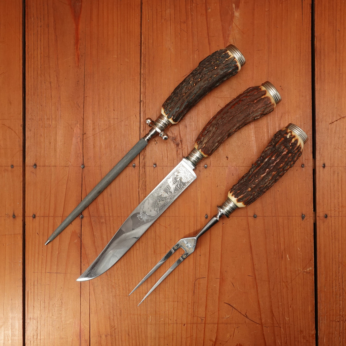 Wusthof 3pc Carving Set Stainless & Stag Solingen Germany 1950s-60s