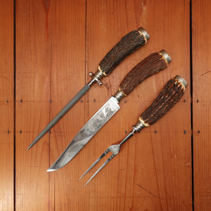 Wusthof 3pc Carving Set Stainless & Stag Solingen Germany 1950s-60s