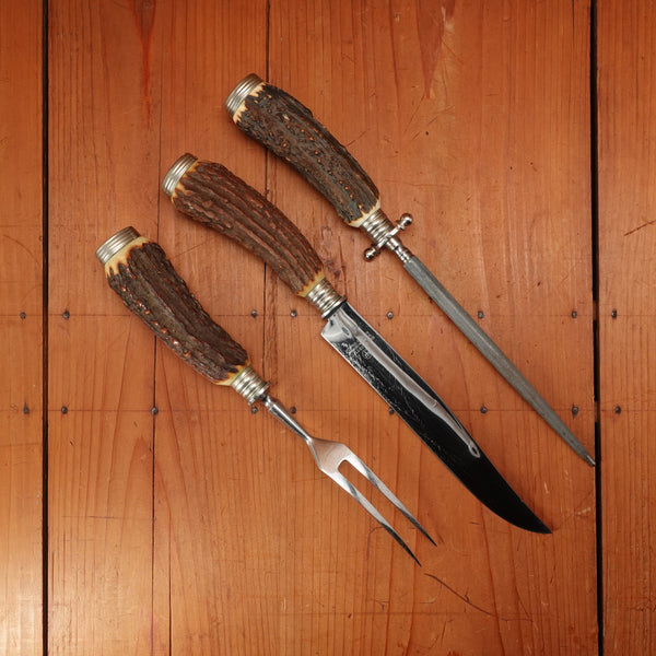 Wusthof 3pc Carving Set Stainless & Stag Solingen Germany 1950s-60s