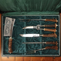 Solingen Boxed Carving Set Stainless & Nickel Plated Carbon Steel Carved Crown Stag 1950s - 6 Pieces