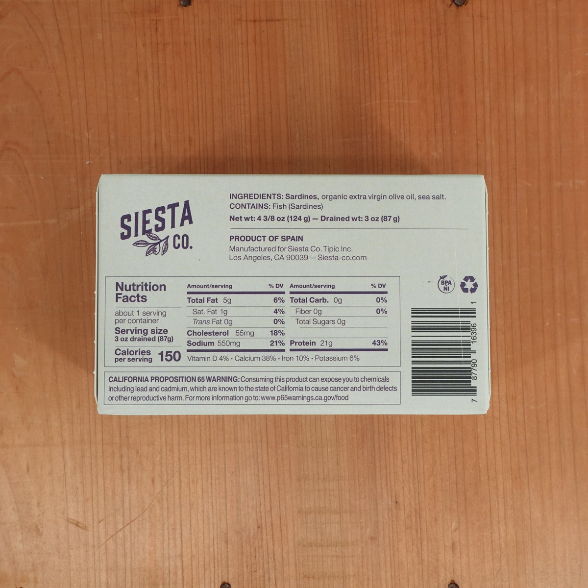 Siesta Co. Sardines in Organic Extra Virgin Olive Oil - 124g