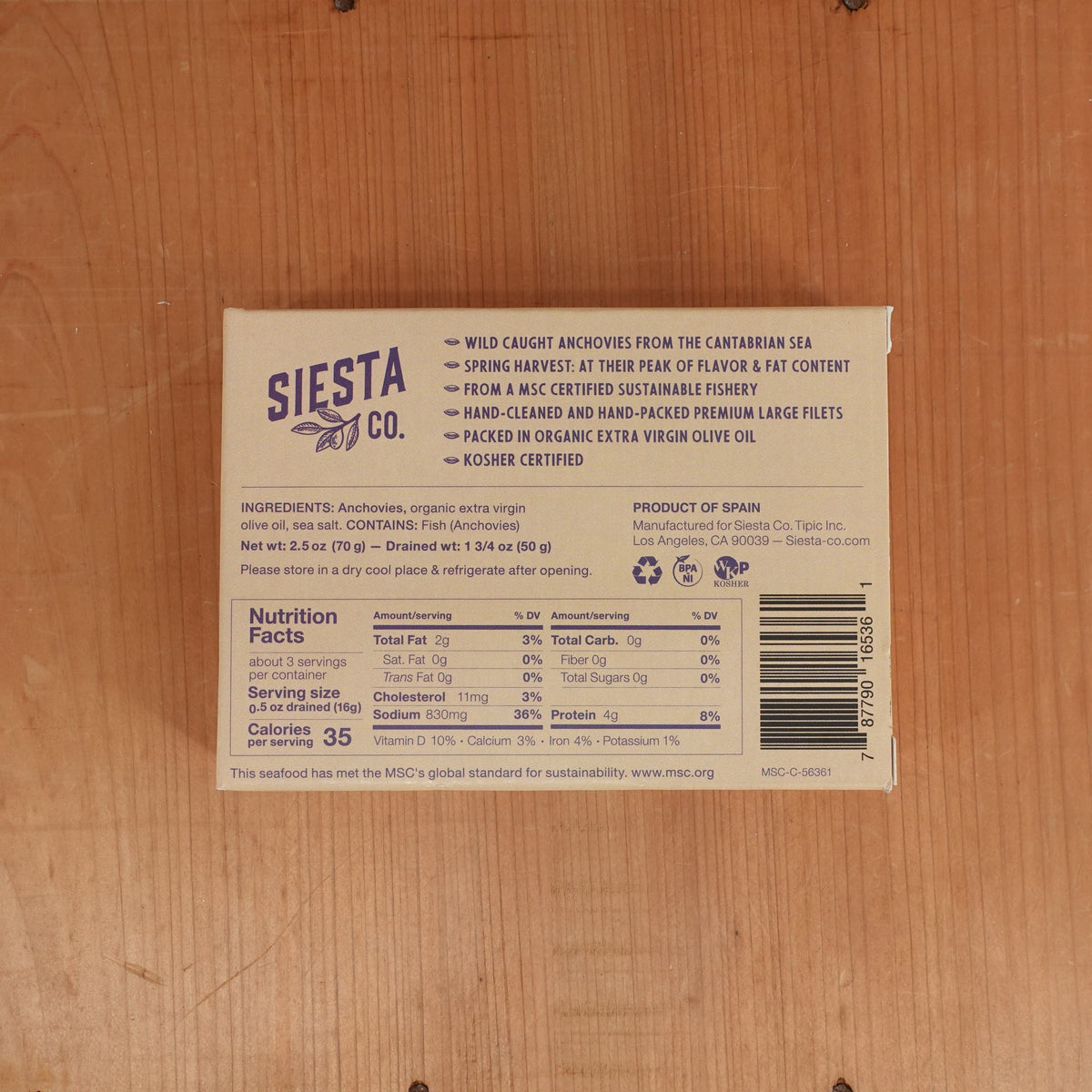 Siesta Co. Cantabrian Anchovies in Organic Extra Virgin Olive Oil - 70g