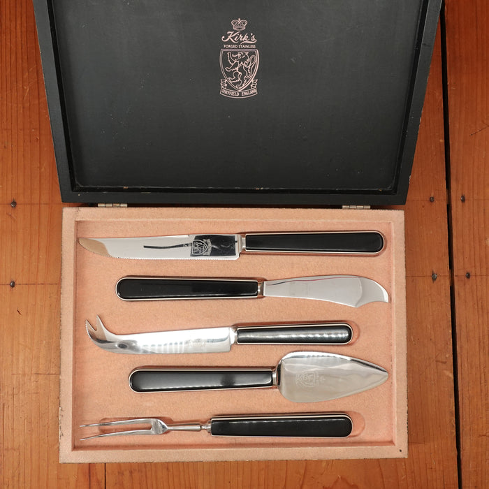 Kirk & Matz 5pc Charcuterie Set Stainless Black & White Composite Sheffield 1960s