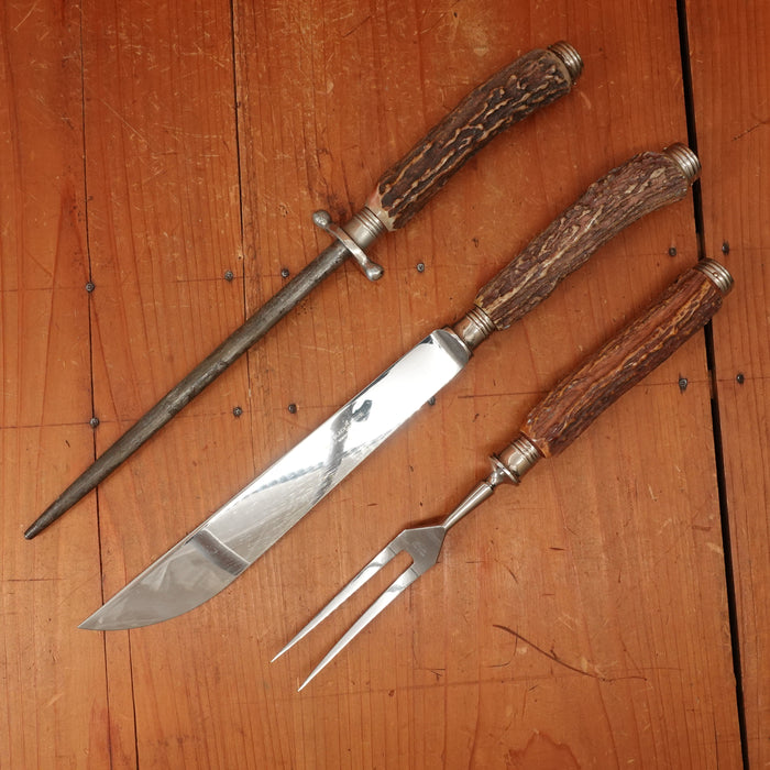 Black Hawk 3pc Carving Set Stainless & Stag Germany 1950s