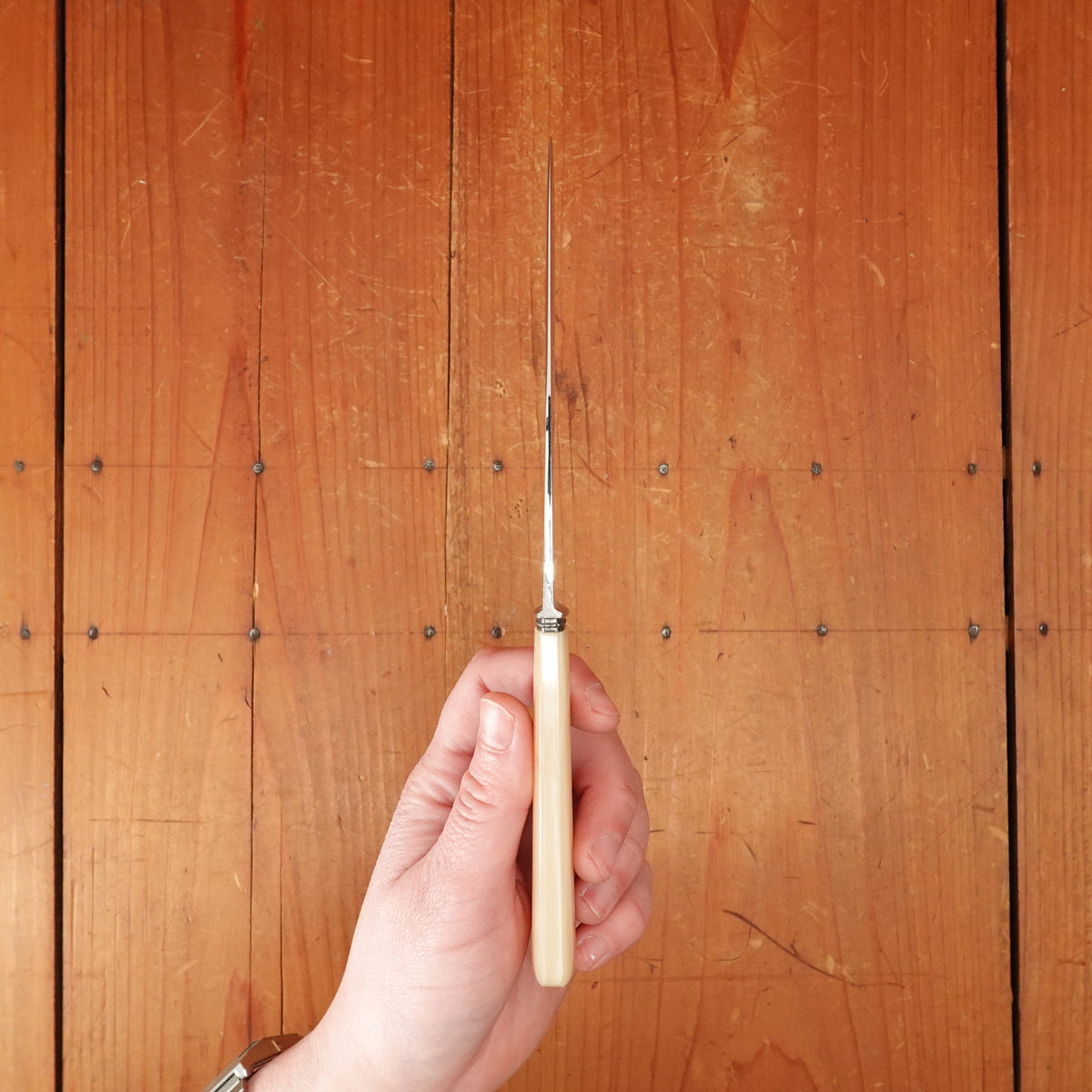 Queneuil Set of 12 Dinner & 12 Luncheon Knives Stainless Butterscotch Celluloid Neuchâtel France 1950s