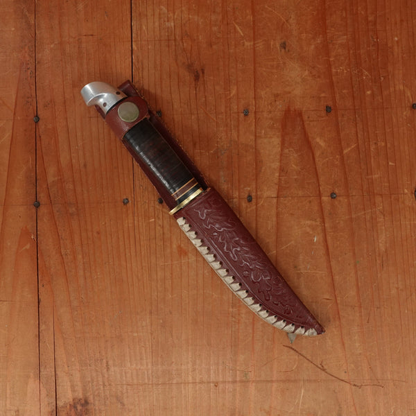 Western 4" Bird & Trout L4ABG Carbon Steel Stacked Leather 1950s