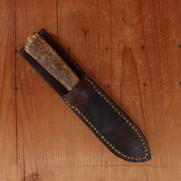 Unidentified Custom Belt Knife 5" Stainless Blade Stag & Brass Original Sheath