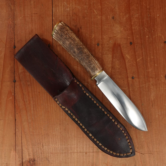 Unidentified Custom Belt Knife 5" Stainless Blade Stag & Brass Original Sheath