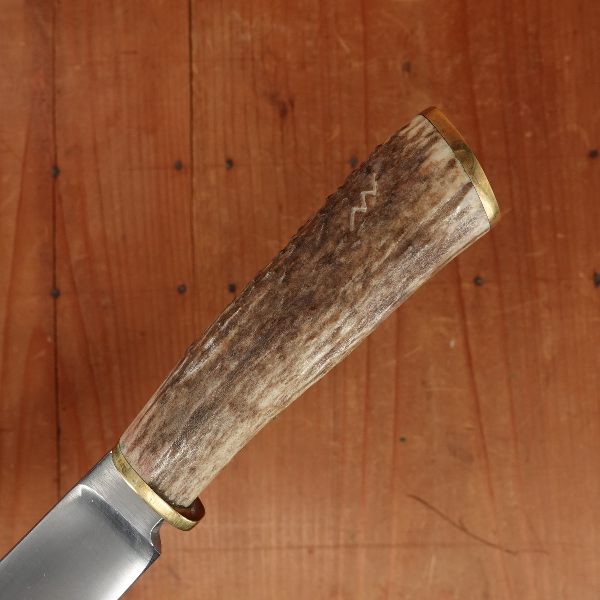 Unidentified Custom Belt Knife 5" Stainless Blade Stag & Brass Original Sheath