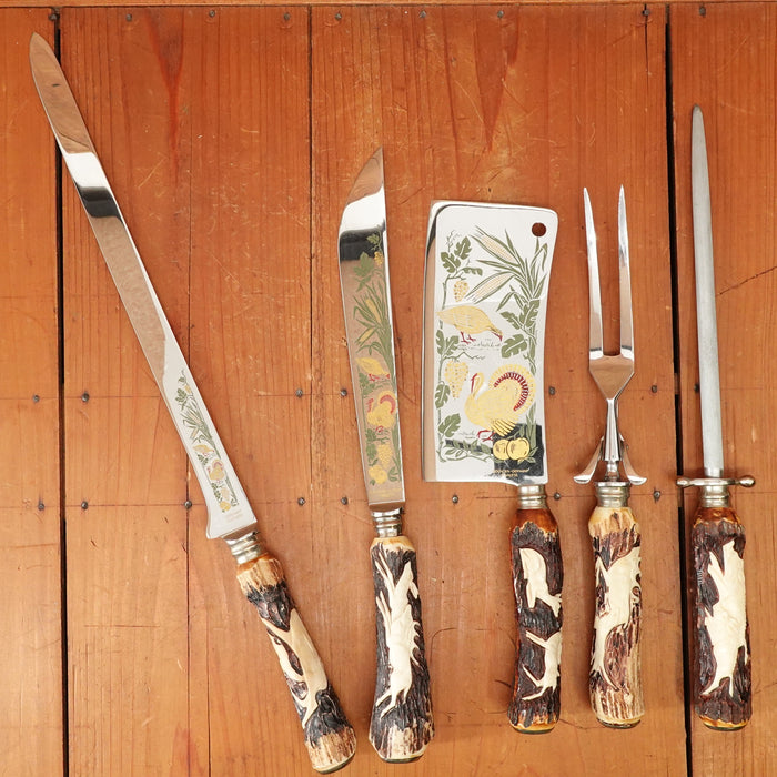 Carving Set Stainless & Carved Stag Solingen 1960-70s - 5 Pieces