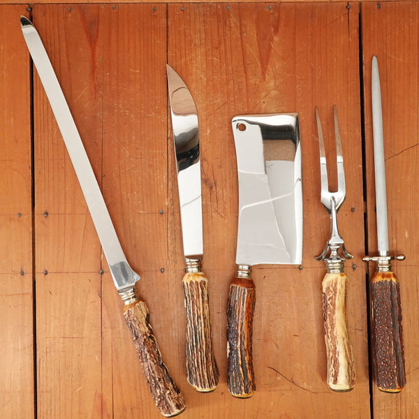 Carving Set Stainless & Carved Stag Solingen 1960-70s - 5 Pieces