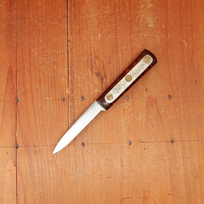 Russell (?) 3.25" Paring Carbon Steel Custom Handle Tiger Maple Engraved Plate Copper