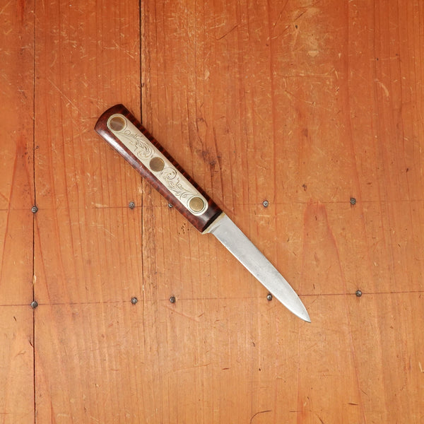 Russell (?) 3.25" Paring Carbon Steel Custom Handle Tiger Maple Engraved Plate Copper