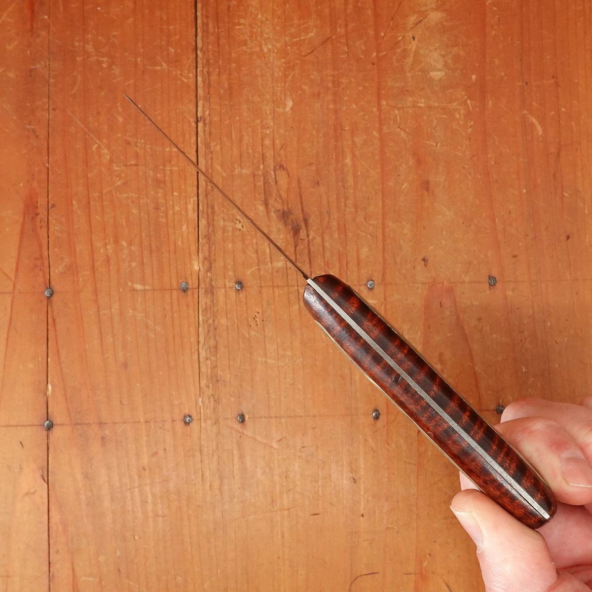 Russell (?) 3.25" Paring Carbon Steel Custom Handle Tiger Maple Engraved Plate Copper