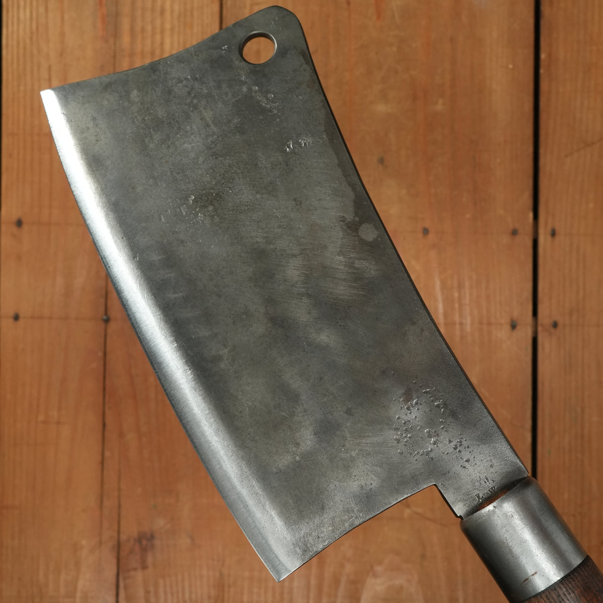 L W 8.75" Cleaver / Splitter Hand Forged Carbon Steel Turned Handle USA? French? 19th / Early 20th C