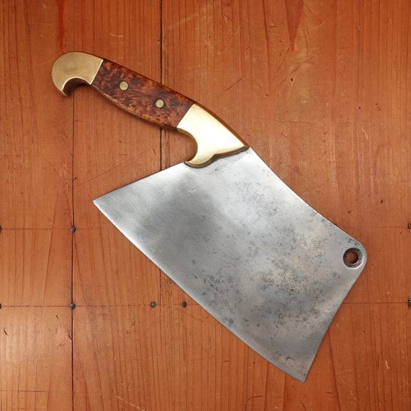 Antique 8.5" Cleaver Hand Forged Carbon Steel Brass & Burl France?