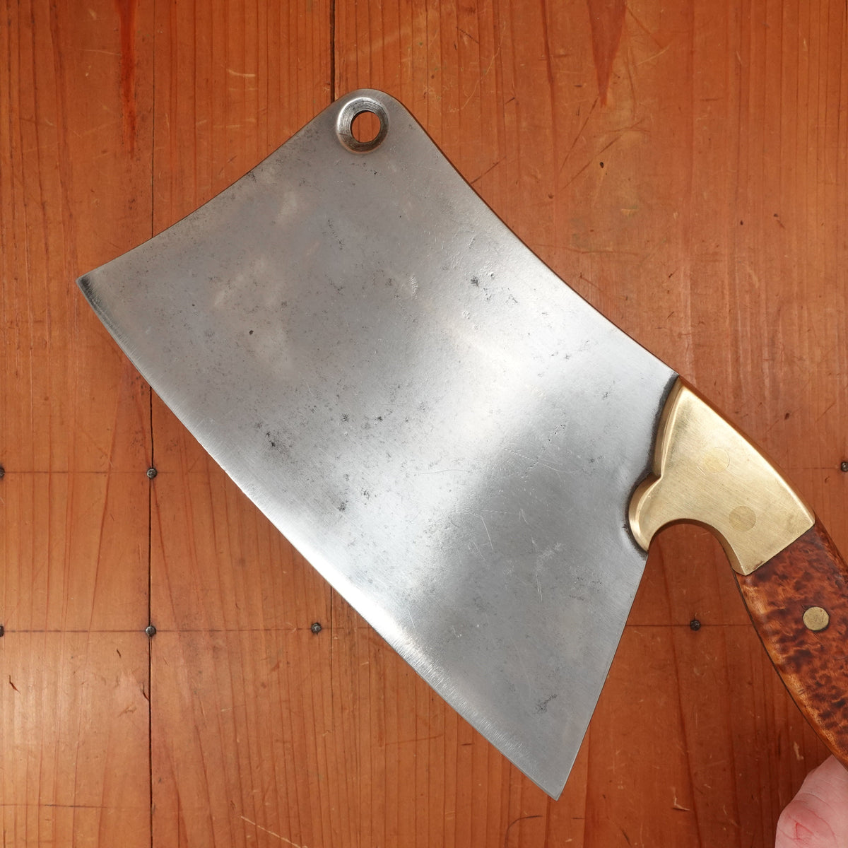 Antique 8.5" Cleaver Hand Forged Carbon Steel Brass & Burl France?