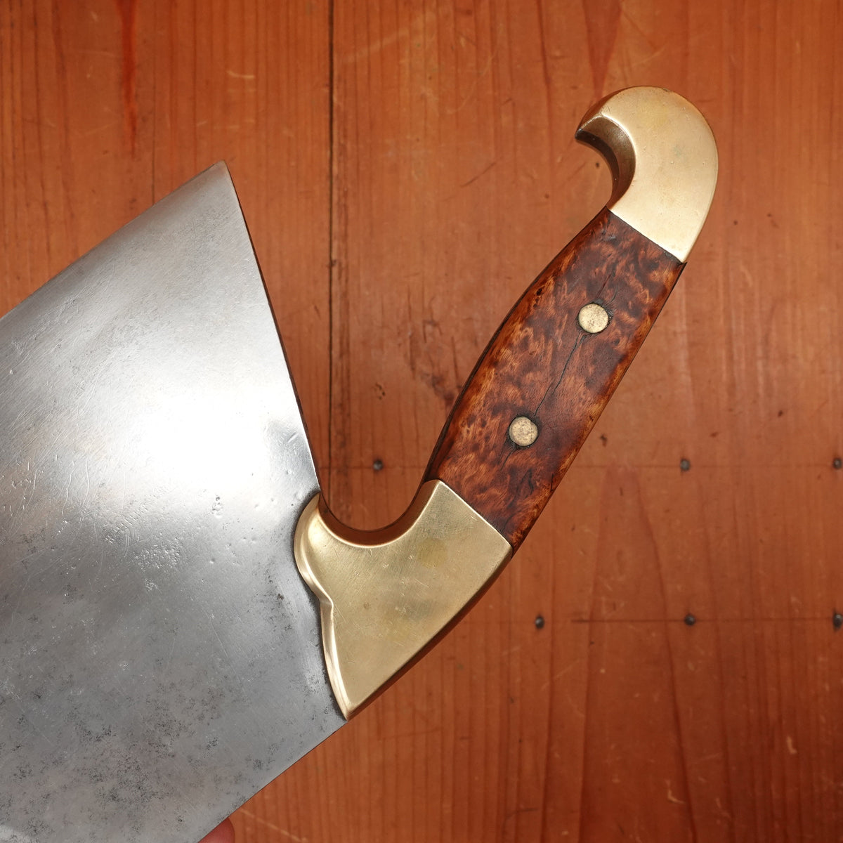 Antique 8.5" Cleaver Hand Forged Carbon Steel Brass & Burl France?