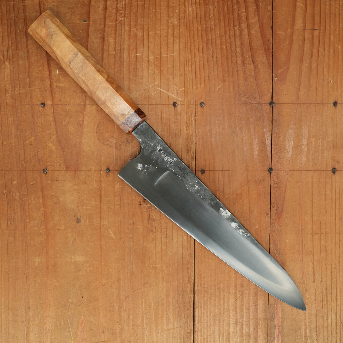 Rolin Knives Compound 205mm Gyuto 52100 Carbon Curly and Burl Redwood