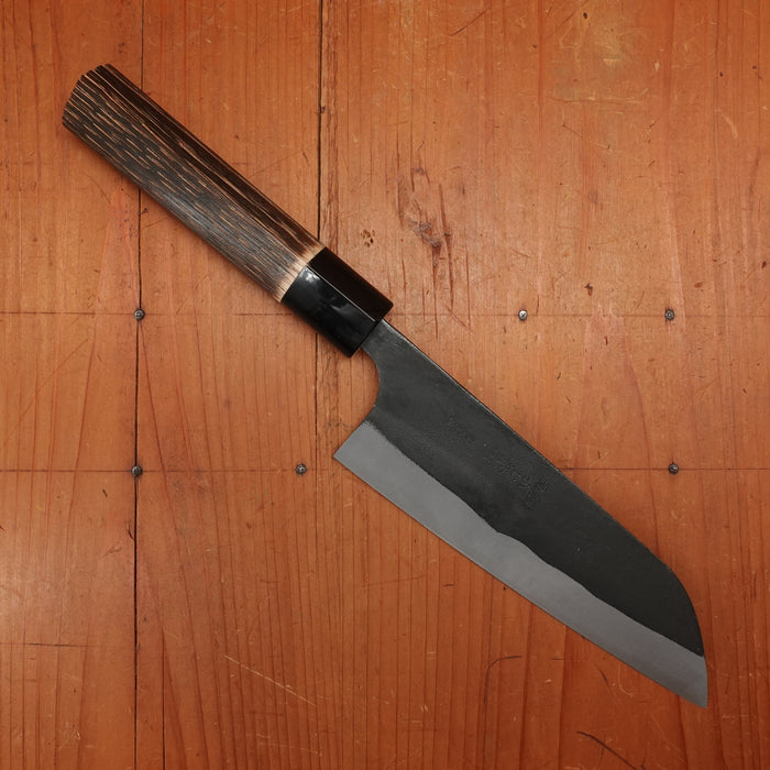 Kaji-bei 165mm Santoku Iron Clad Aogami 2 Suminagashi Kurouchi Burnt Chestnut/Horn Handle