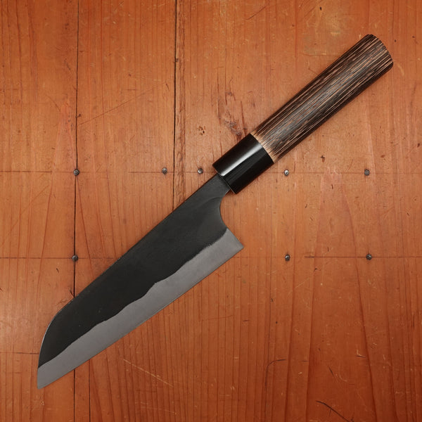 Kaji-bei 165mm Santoku Iron Clad Aogami 2 Suminagashi Kurouchi Burnt Chestnut/Horn Handle