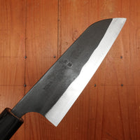 Kaji-bei 165mm Santoku Iron Clad Aogami 2 Suminagashi Kurouchi Burnt Chestnut/Horn Handle