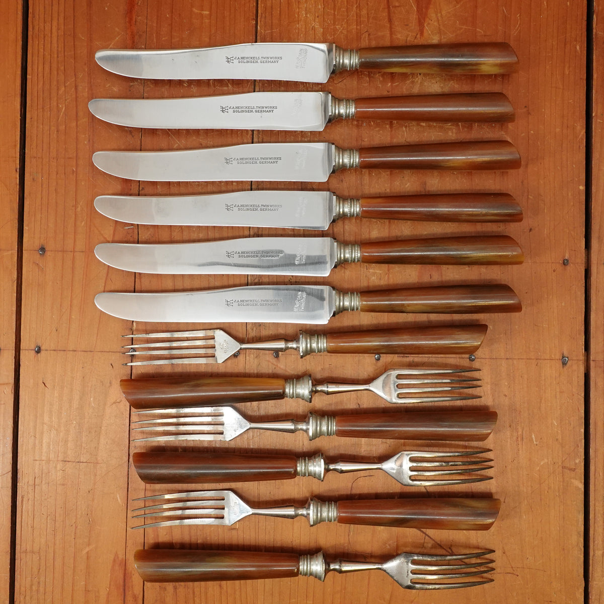 J A Henckels Set of 6 Dinner Knives & Forks Stainless Blades Nickel Plate Carbon Forks Nickel & Celluloid Solingen 1920s