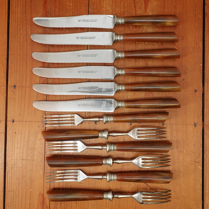 J A Henckels Set of 6 Dinner Knives & Forks Stainless Blades Nickel Plate Carbon Forks Nickel & Celluloid Solingen 1920s