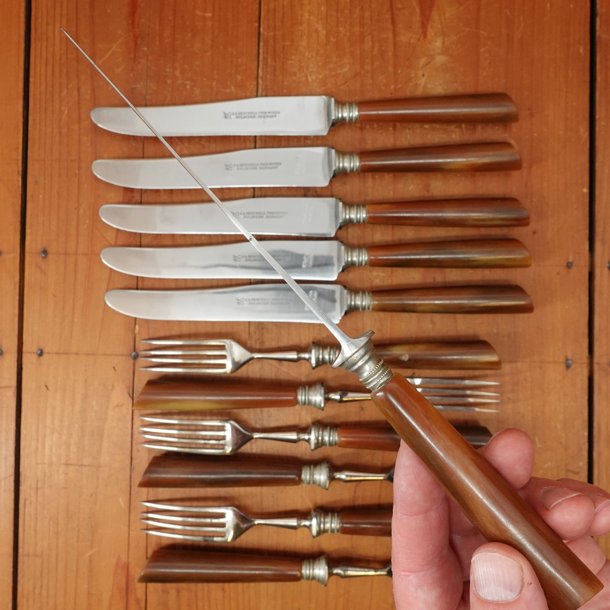 J A Henckels Set of 6 Dinner Knives & Forks Stainless Blades Nickel Plate Carbon Forks Nickel & Celluloid Solingen 1920s