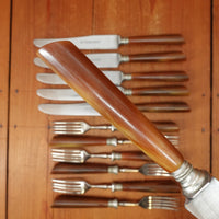 J A Henckels Set of 6 Dinner Knives & Forks Stainless Blades Nickel Plate Carbon Forks Nickel & Celluloid Solingen 1920s