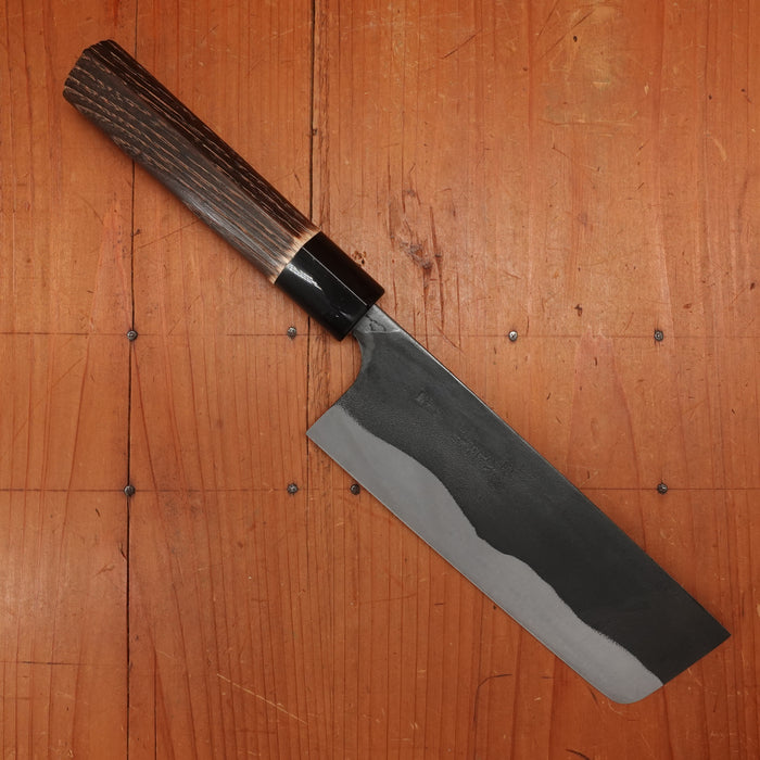 Kaji-bei 165mm Nakiri Iron Clad Aogami 2 Suminagashi Kurouchi Burnt Chestnut/Horn Handle