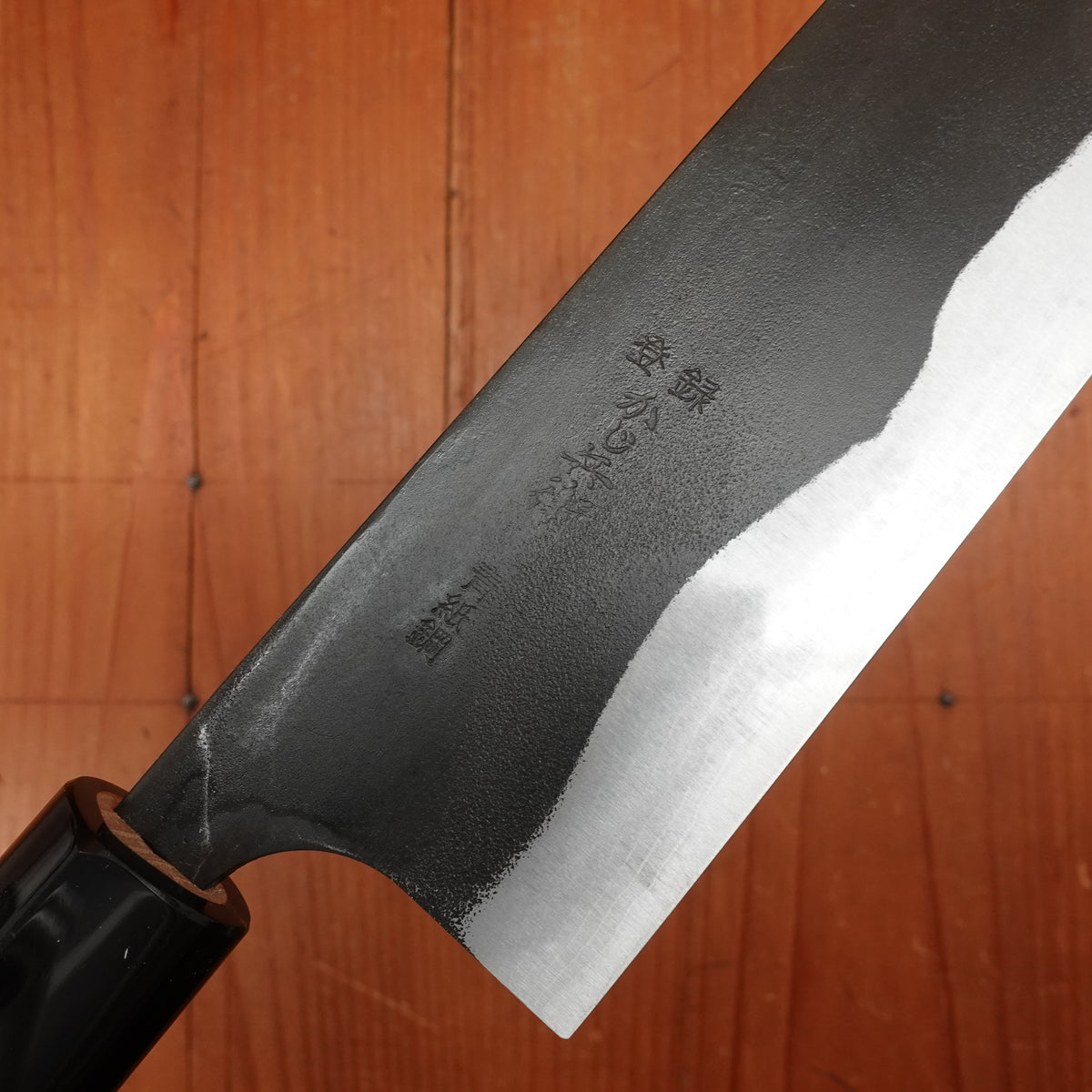 Kaji-bei 165mm Nakiri Iron Clad Aogami 2 Suminagashi Kurouchi Burnt Chestnut/Horn Handle