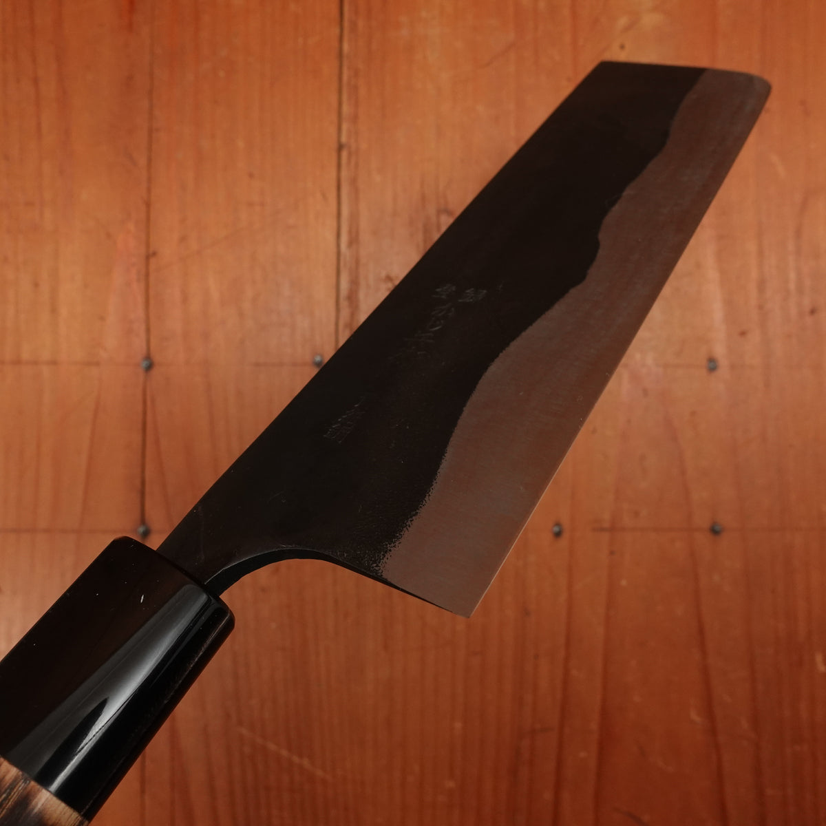 Kaji-bei 165mm Nakiri Iron Clad Aogami 2 Suminagashi Kurouchi Burnt Chestnut/Horn Handle