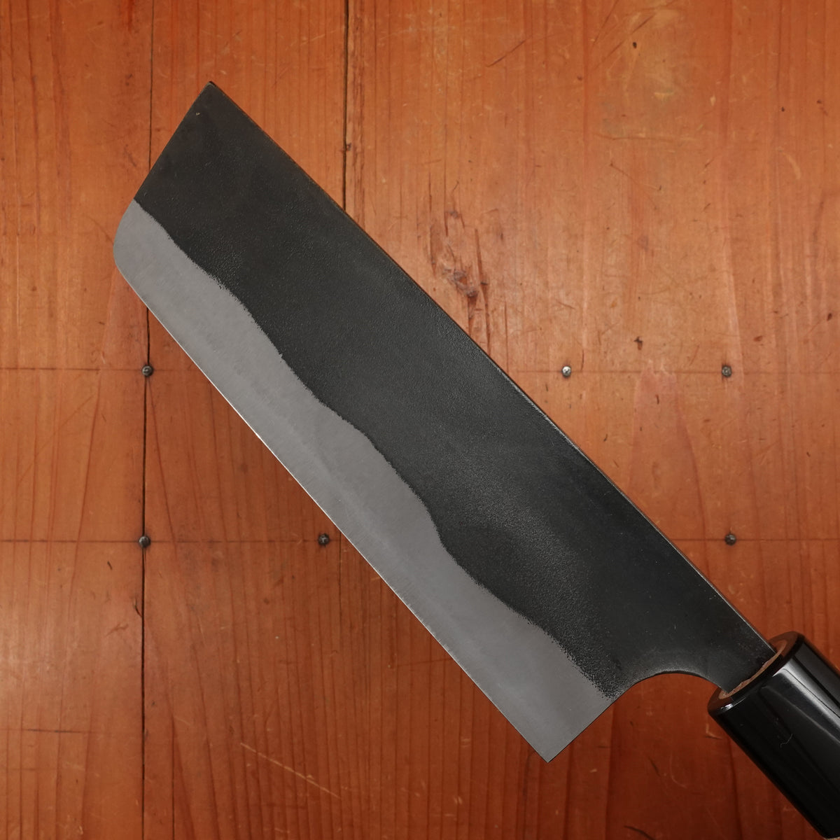 Kaji-bei 165mm Nakiri Iron Clad Aogami 2 Suminagashi Kurouchi Burnt Chestnut/Horn Handle