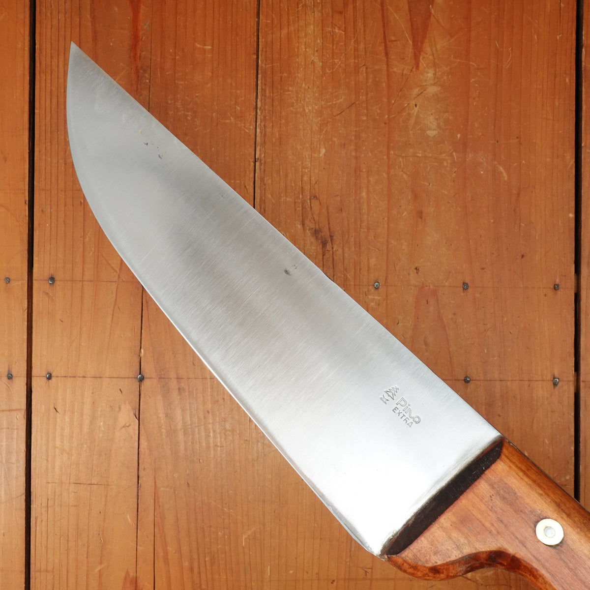 New Old Stock Pino Extra 10.5" Wide Butcher Knife Carbon Cherry Wood Handle Maniago, Italy ~1950s 60s