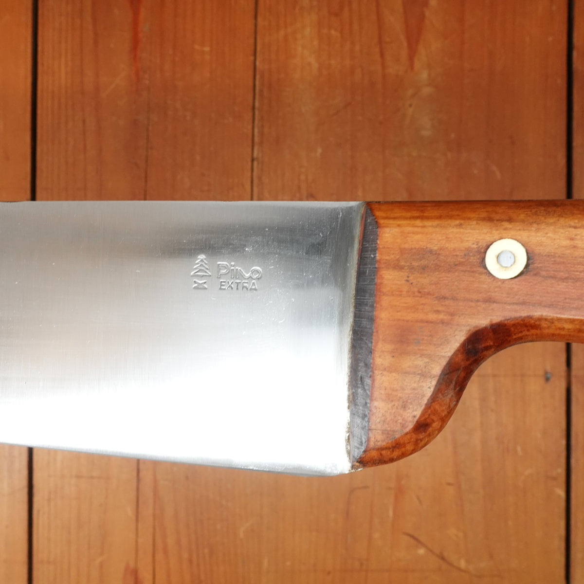 New Old Stock Pino Extra 10.5" Wide Butcher Knife Carbon Cherry Wood Handle Maniago, Italy ~1950s 60s