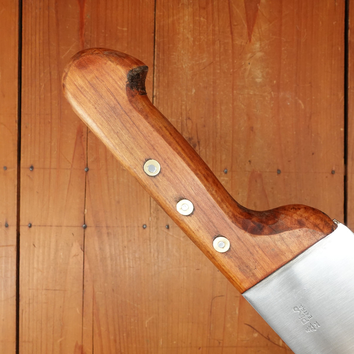 New Old Stock Pino Extra 10.5" Wide Butcher Knife Carbon Cherry Wood Handle Maniago, Italy ~1950s 60s