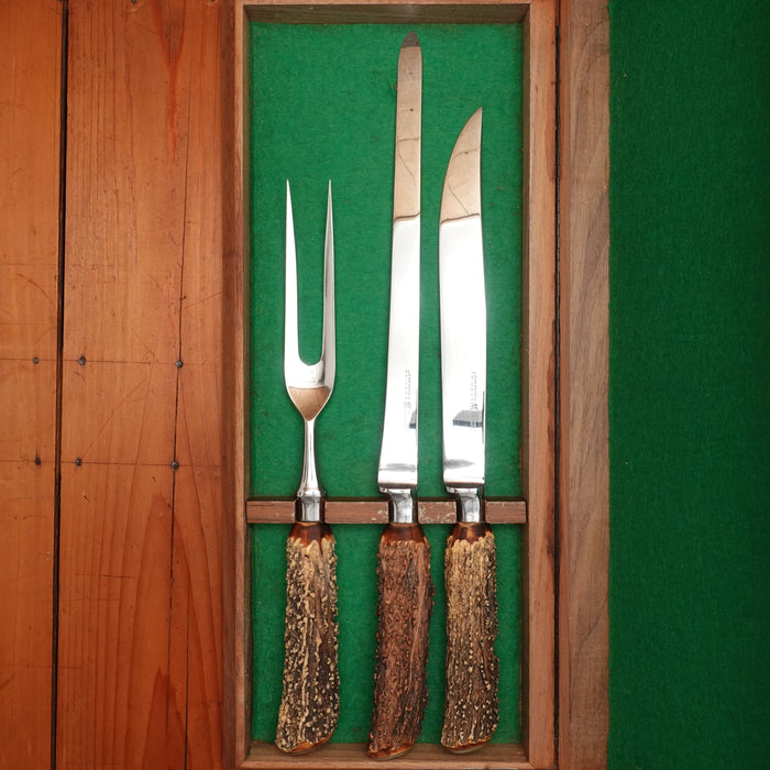 J A Henckels Friodur 3 Pc Carving Set Forged Stainless & Stag Solingen, Germany 1960-70s