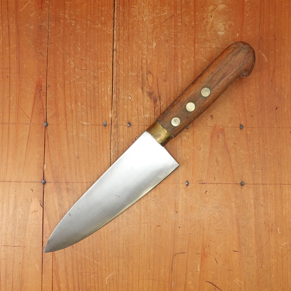 New Old Stock Pino Extra 6" Chef Knife Carbon Beech Wood & Brass Handle Maniago, Italy ~1950s 60s