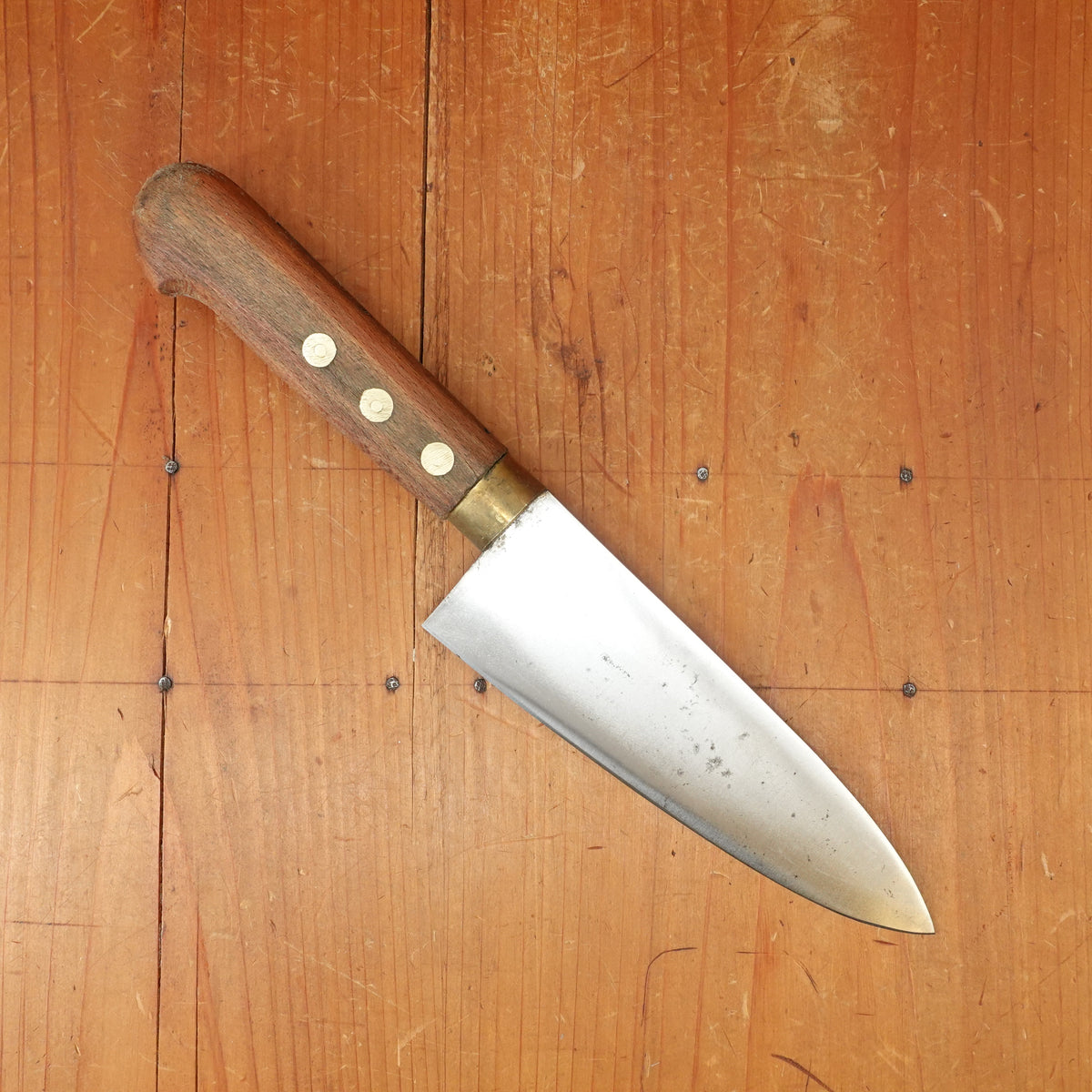 New Old Stock Pino Extra 6" Chef Knife Carbon Beech Wood & Brass Handle Maniago, Italy ~1950s 60s