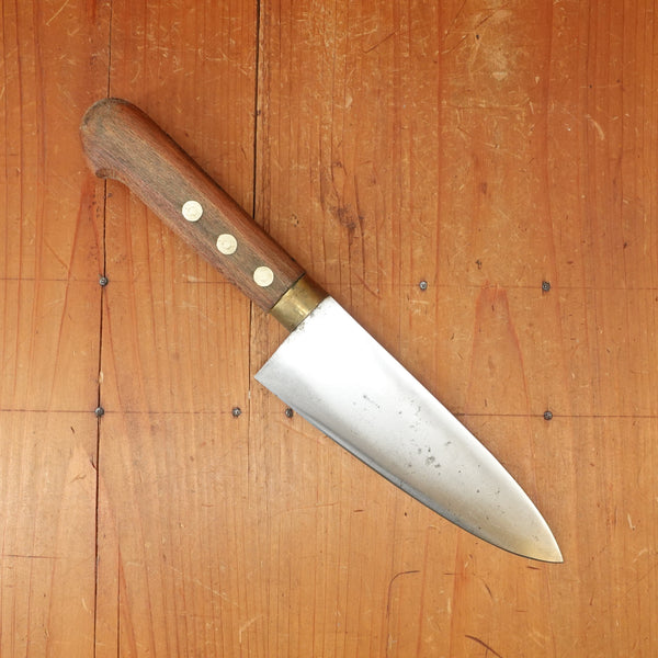New Old Stock Pino Extra 6" Chef Knife Carbon Beech Wood & Brass Handle Maniago, Italy ~1950s 60s
